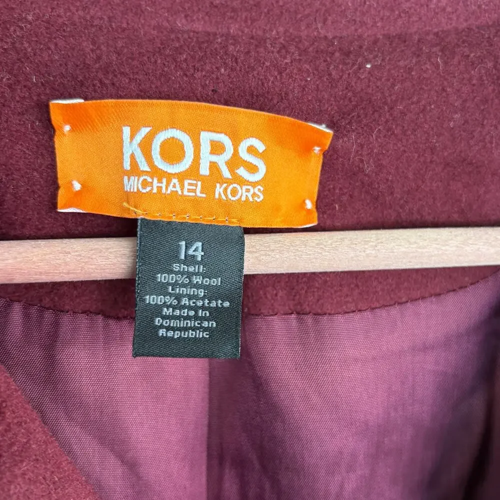 Michael Kors Wool Coat 14 Burgundy Red Jacket Button Pea Coat Academia Prep